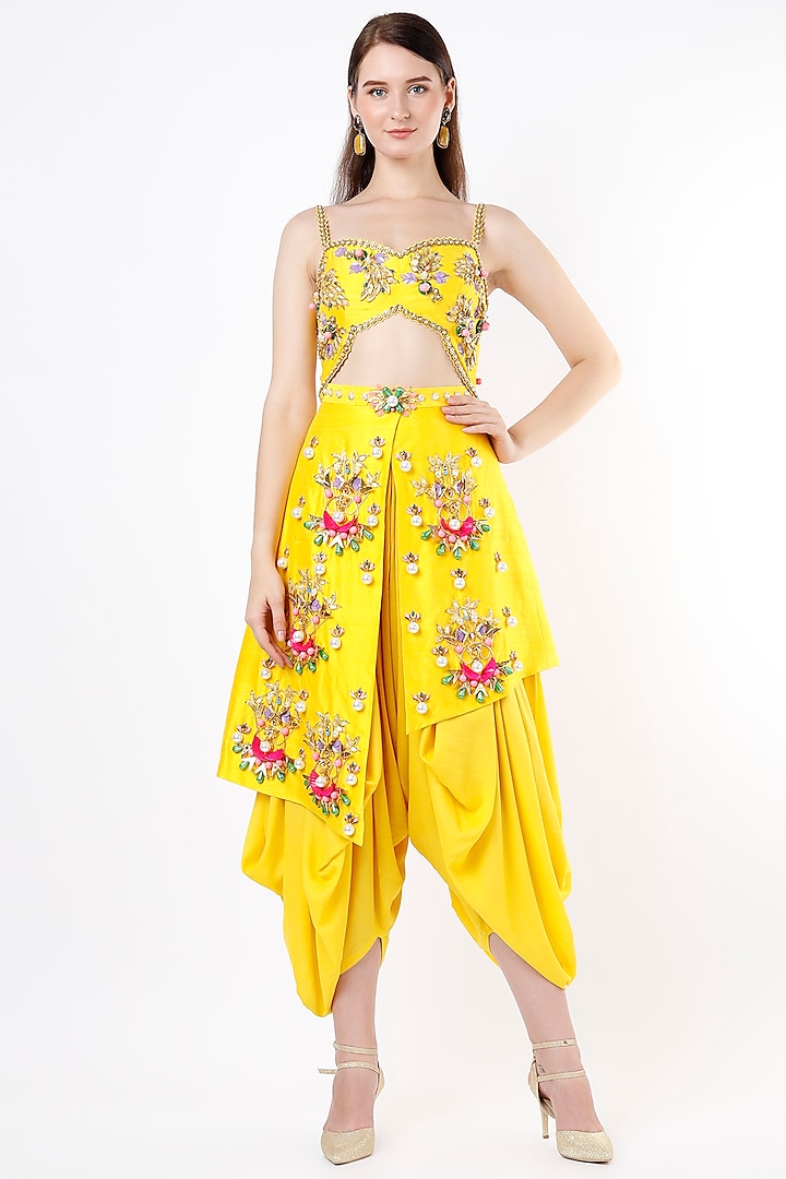 Yellow Raw Silk Embroidered Jumpsuit by Papa Don't Preach by Shubhika