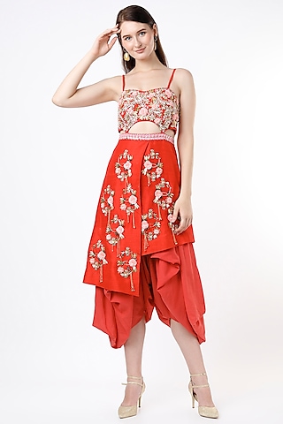 Red Raw Silk Embroidered Jumpsuit by Papa Don't Preach by Shubhika