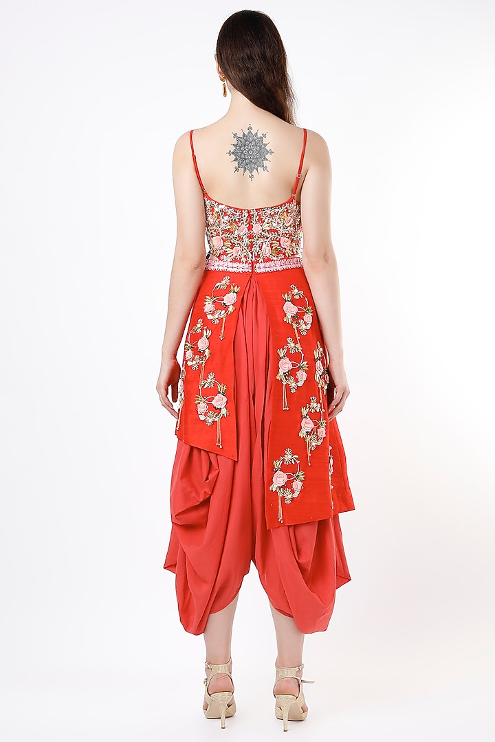 Red Raw Silk Embroidered Jumpsuit by Papa Don't Preach by Shubhika at Pernia's Pop Up Shop