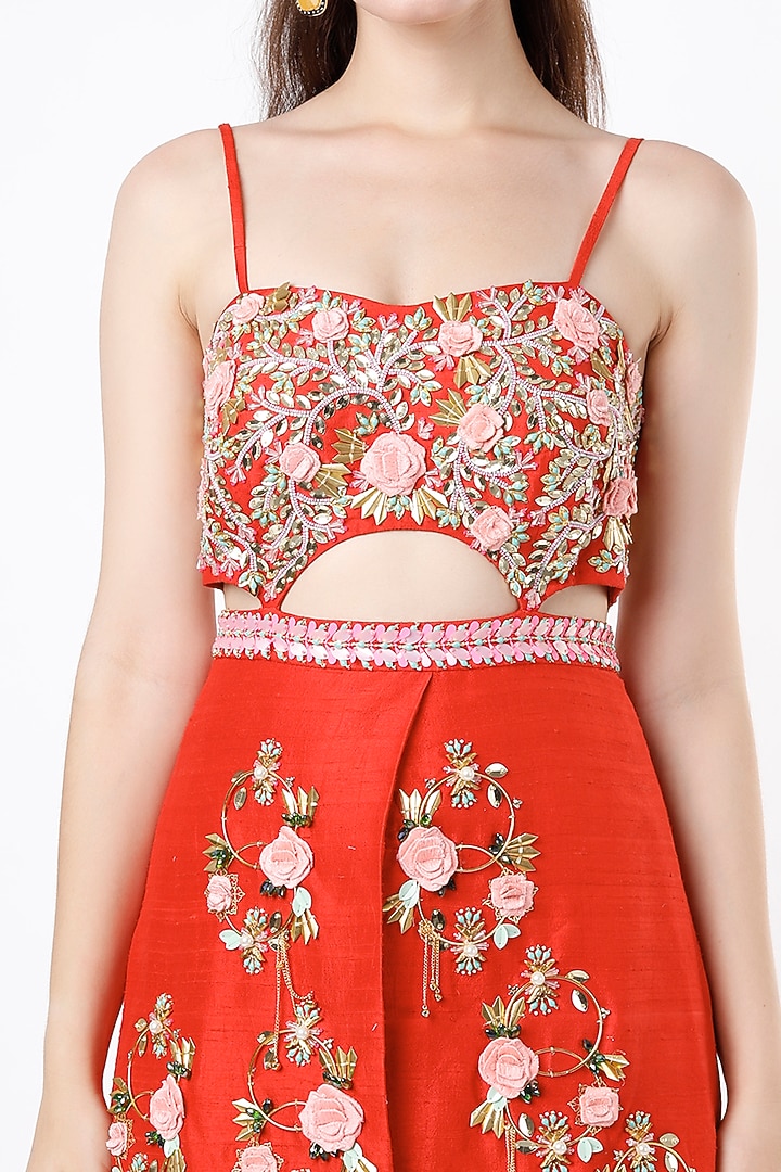 Red Raw Silk Embroidered Jumpsuit by Papa Don't Preach by Shubhika at Pernia's Pop Up Shop