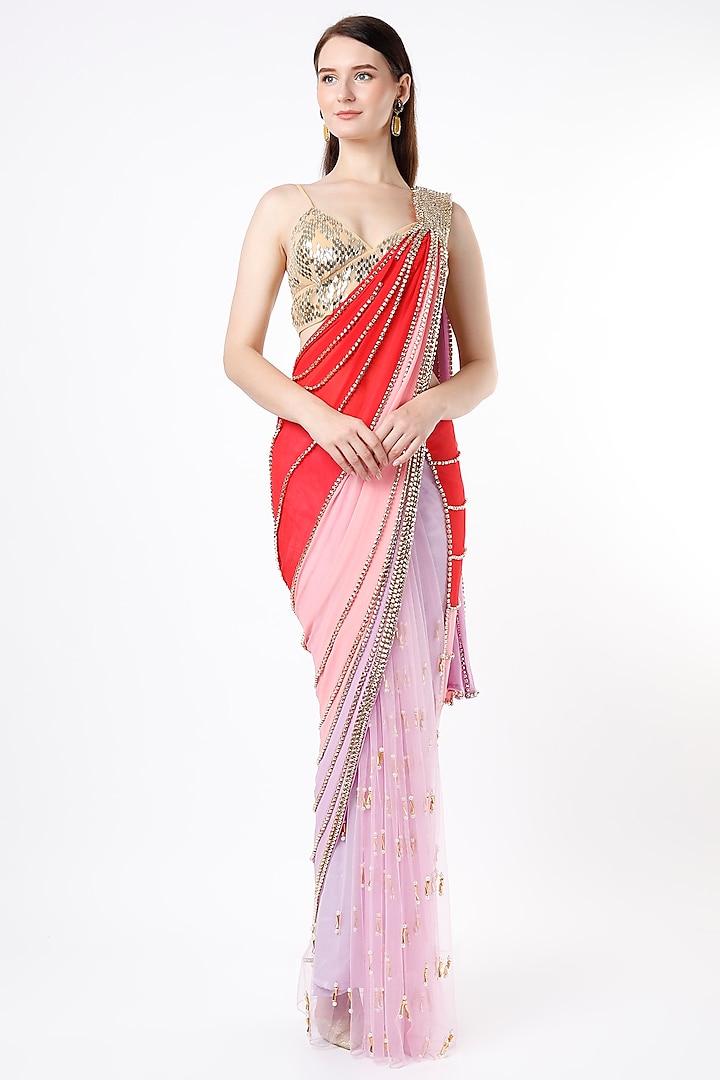Tri-Colored Embellished Pre-Stitched Saree Set by Papa Don't Preach by Shubhika