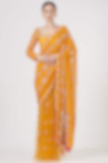 Orange Embroidered Pre-Stitched Bridal Saree Set by Papa Don't Preach by Shubhika at Pernia's Pop Up Shop
