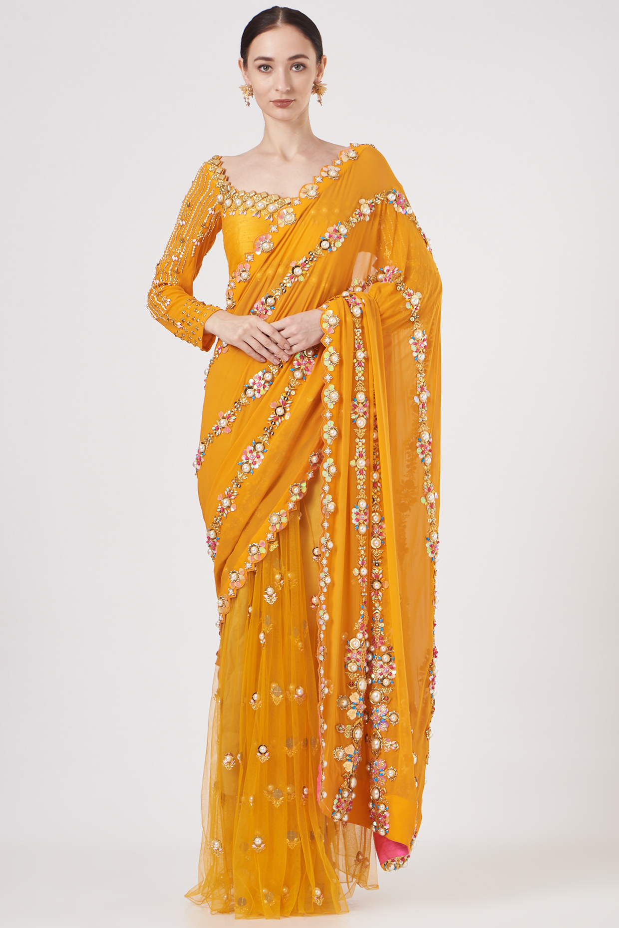 Orange Embroidered Pre-Stitched Bridal Saree Set by Papa Don't Preach by Shubhika at Pernia's Pop Up Shop