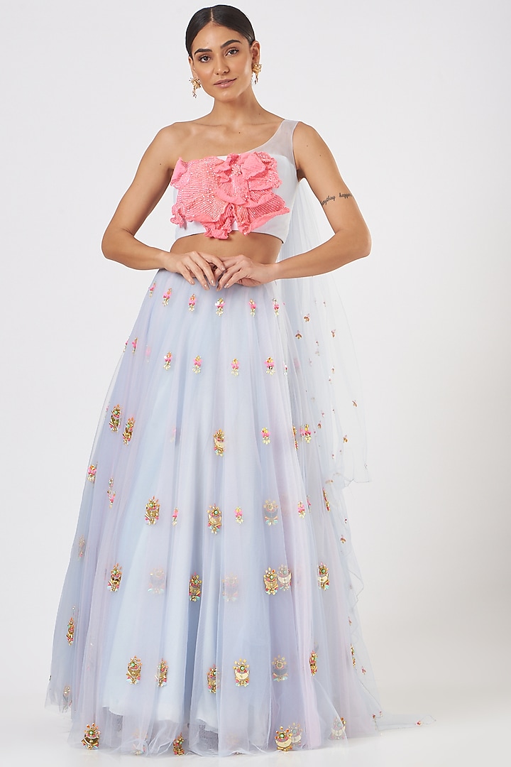 Powder Blue Embroidered Bridal Lehenga Set by Papa Don't Preach by Shubhika at Pernia's Pop Up Shop