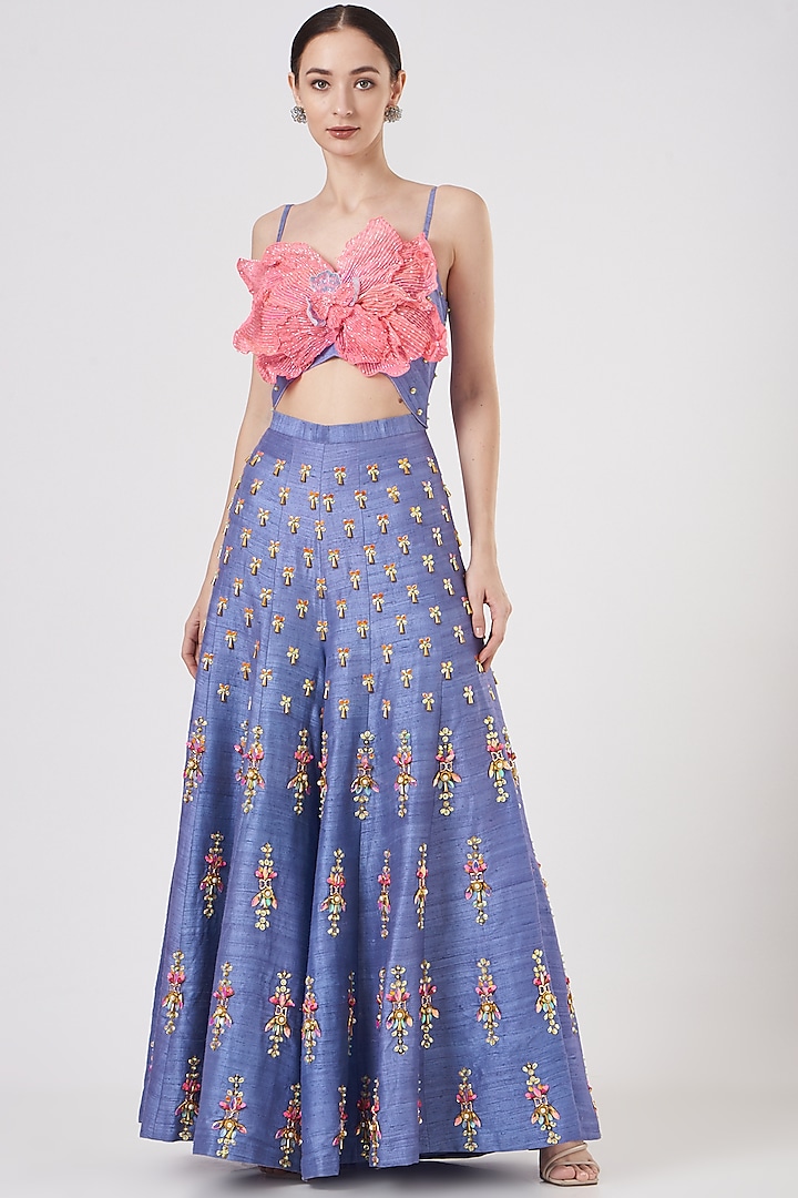 Blue Raw Silk Embroidered Jumpsuit by Papa Don't Preach by Shubhika