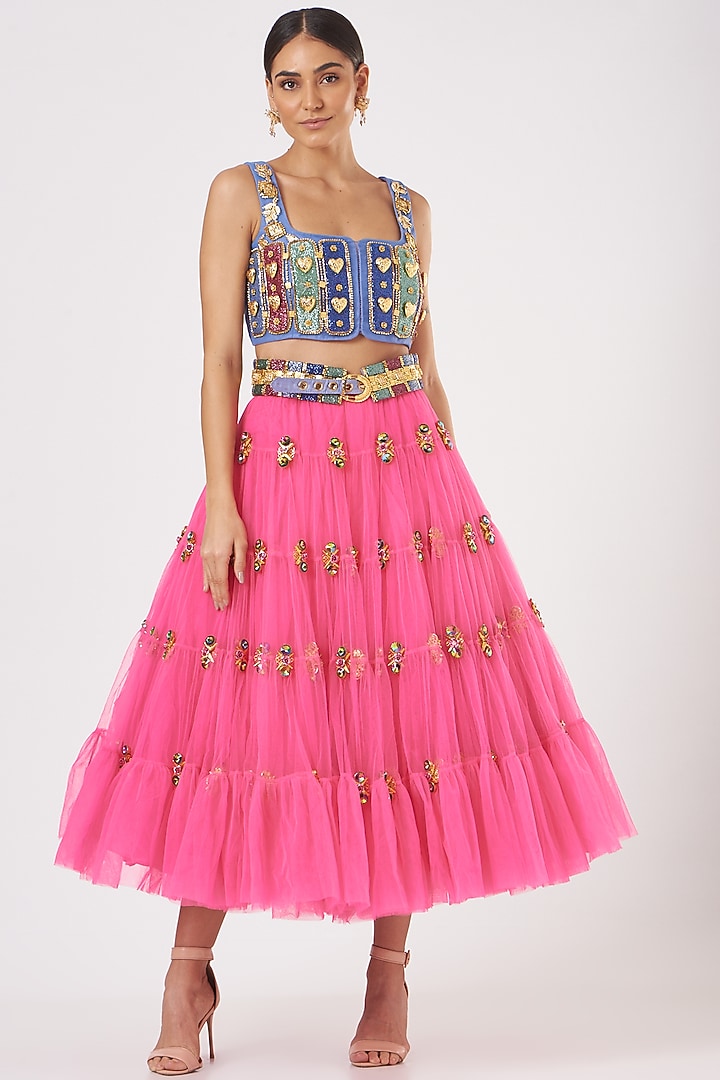 Pink Raw Silk & Tulle Embroidered Half Tiered Bridal Lehenga Set by Papa Don't Preach by Shubhika at Pernia's Pop Up Shop