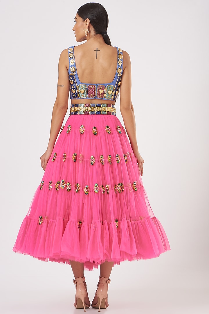 Pink Raw Silk & Tulle Embroidered Half Tiered Bridal Lehenga Set by Papa Don't Preach by Shubhika at Pernia's Pop Up Shop