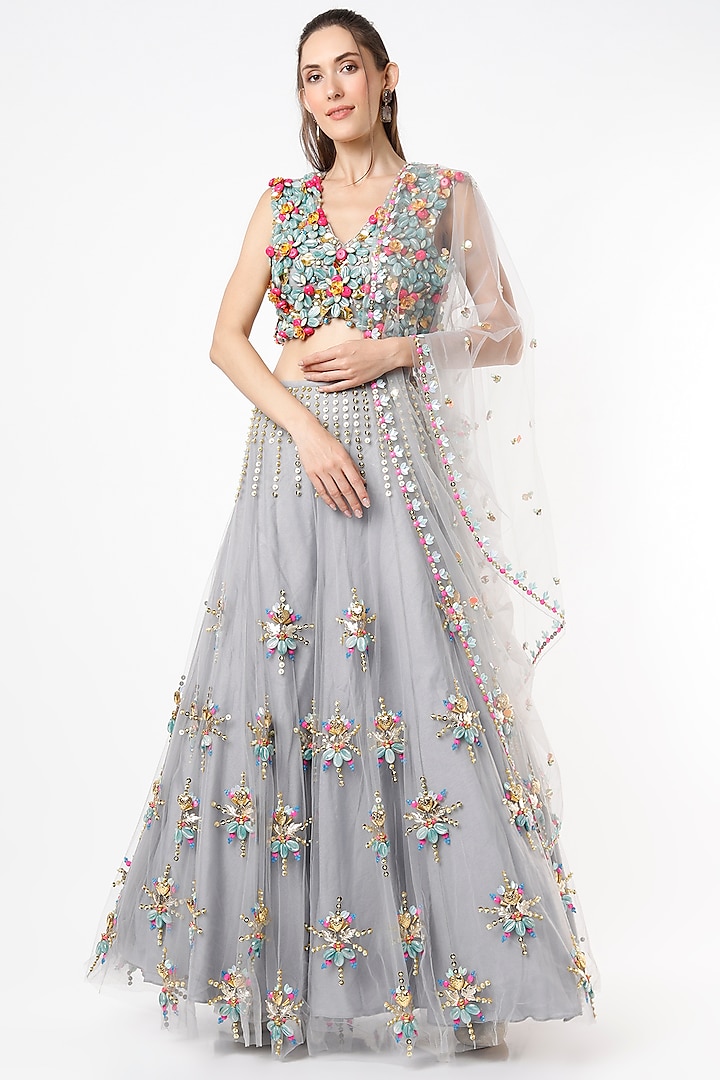 Grey Tulle Embroidered Lehenga Set by Papa Don't Preach by Shubhika