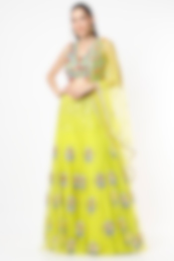 Lime Green Tulle Embroidered Lehenga Set by Papa Don't Preach by Shubhika