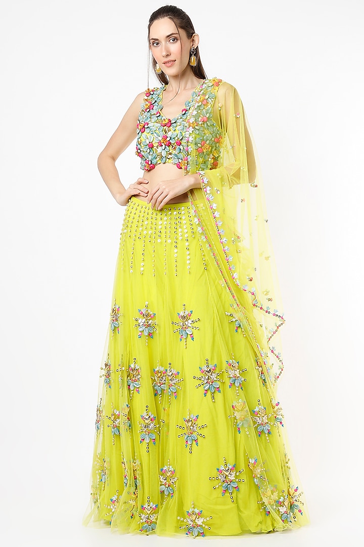 Lime Green Tulle Embroidered Lehenga Set by Papa Don't Preach by Shubhika