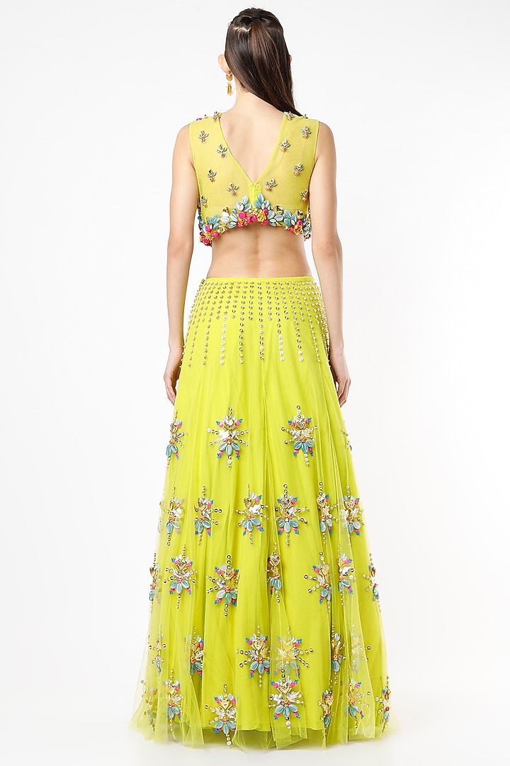 Lime Green Tulle Embroidered Bridal Lehenga Set by Papa Don't Preach by Shubhika at Pernia's Pop Up Shop
