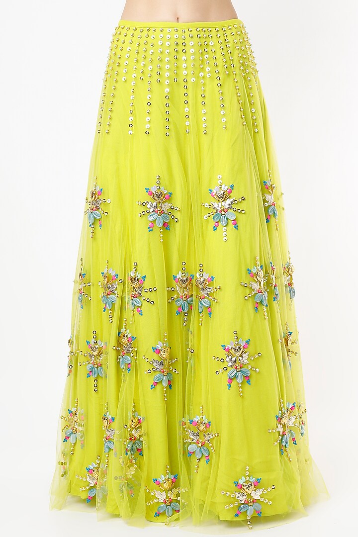 Lime Green Tulle Embroidered Bridal Lehenga Set by Papa Don't Preach by Shubhika at Pernia's Pop Up Shop