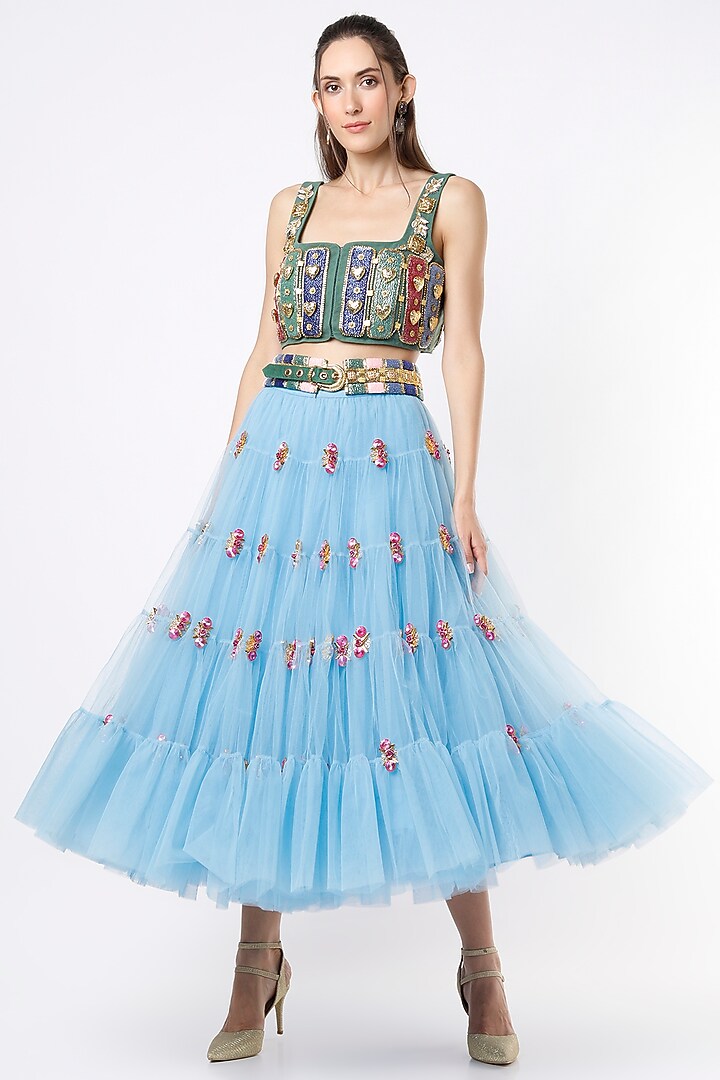 Powder Blue Tulle Embellished Bridal Lehenga Set by Papa Don't Preach by Shubhika at Pernia's Pop Up Shop