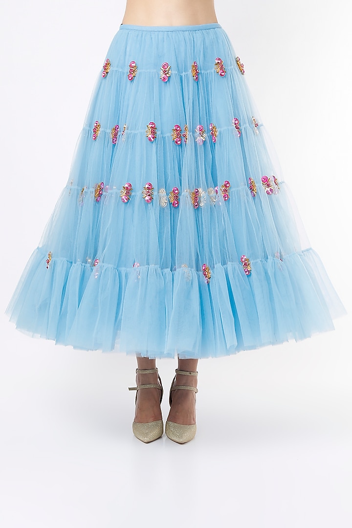 Powder Blue Tulle Embellished Bridal Lehenga Set by Papa Don't Preach by Shubhika at Pernia's Pop Up Shop