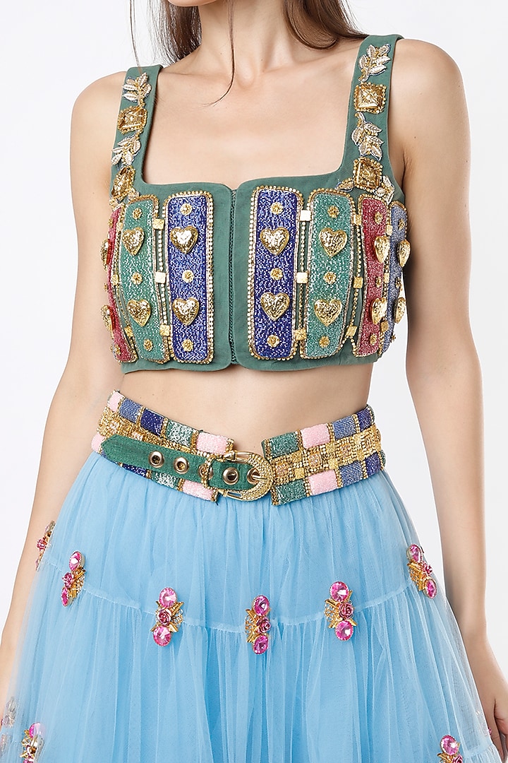 Powder Blue Tulle Embellished Bridal Lehenga Set by Papa Don't Preach by Shubhika at Pernia's Pop Up Shop