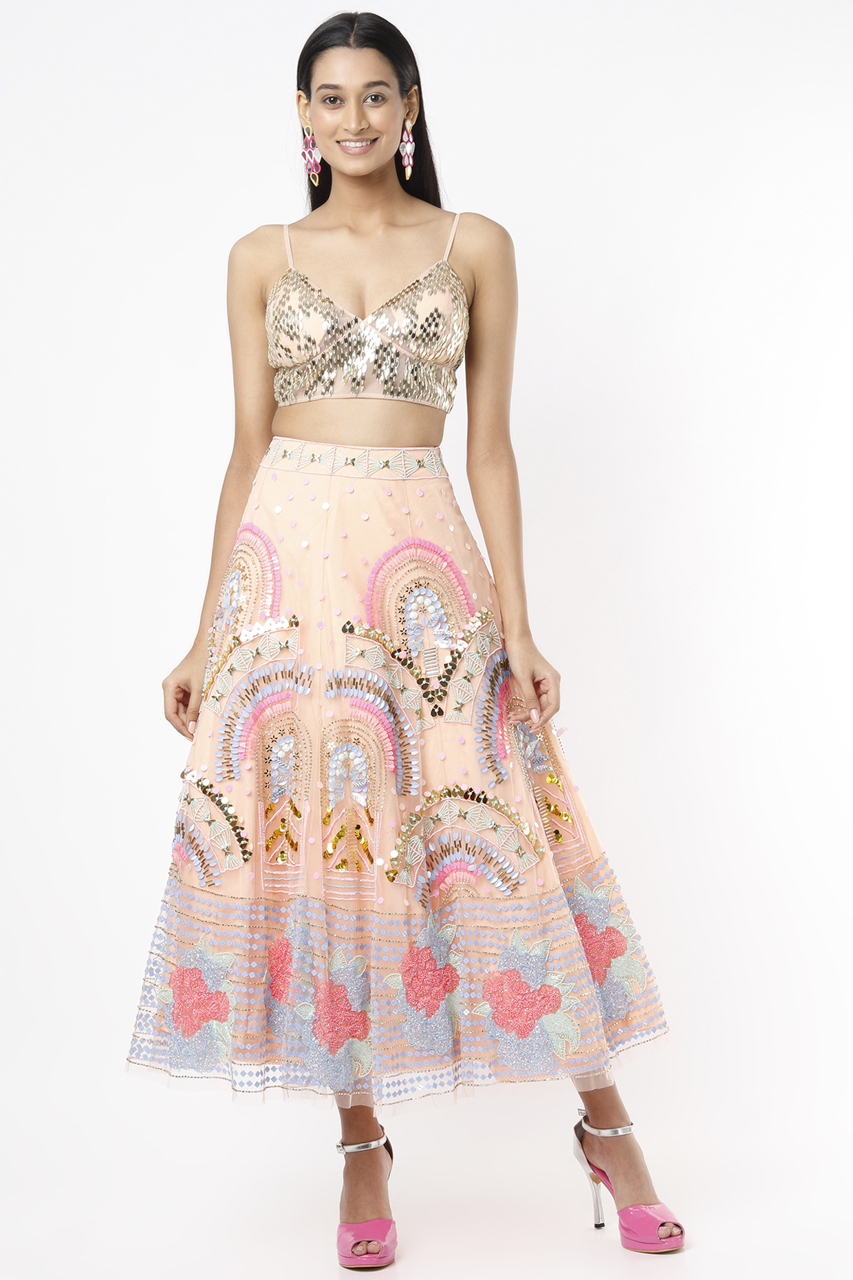 Peach Embroidered Short Bridal Lehenga Set by Papa Don't Preach by Shubhika at Pernia's Pop Up Shop