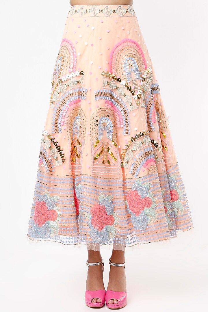 Peach Embroidered Short Bridal Lehenga Set by Papa Don't Preach by Shubhika at Pernia's Pop Up Shop