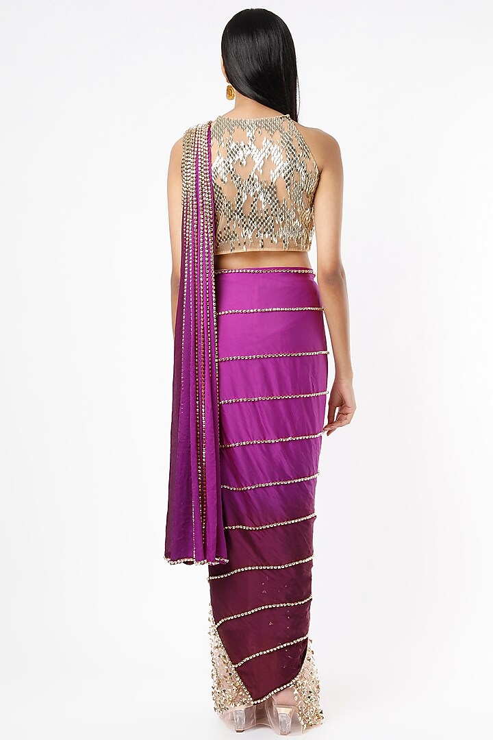 Peach & Purple Embroidered Pre-Stitched Reception Saree Set by Papa Don't Preach by Shubhika at Pernia's Pop Up Shop