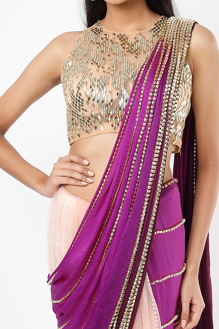 Peach & Purple Embroidered Pre-Stitched Reception Saree Set by Papa Don't Preach by Shubhika at Pernia's Pop Up Shop