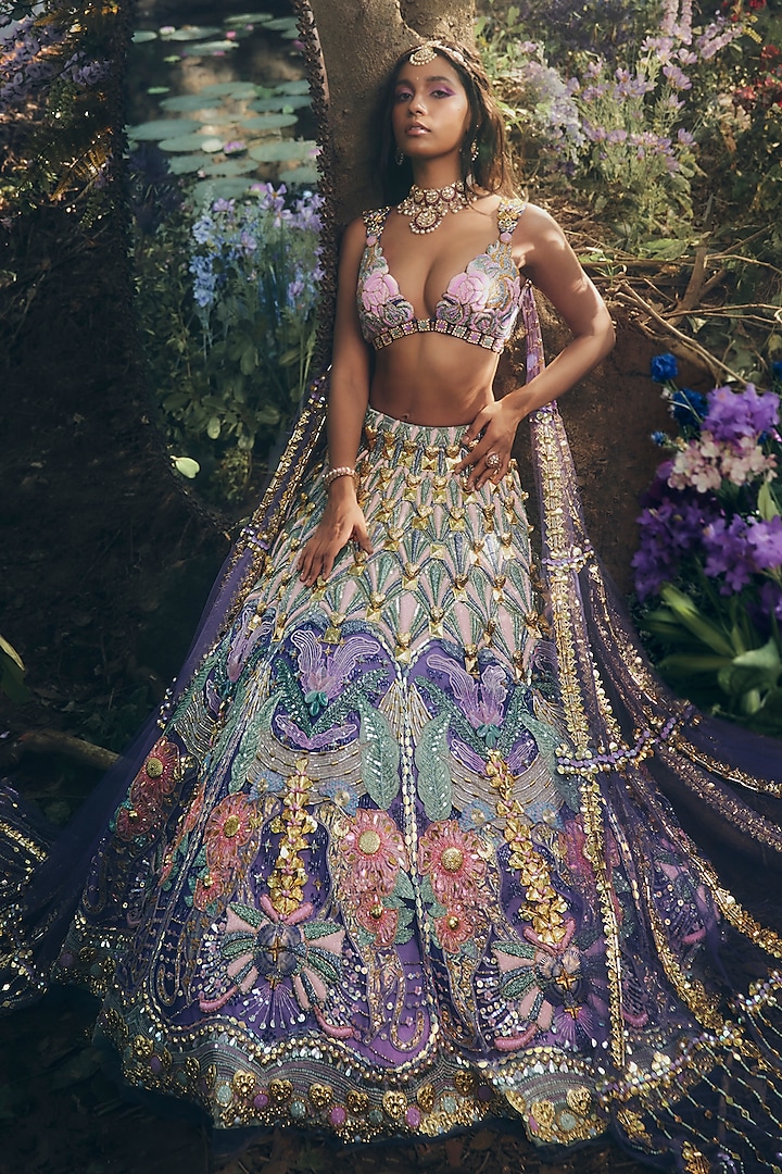 Purple Tissue Embroidered Lehenga Set by Papa Don't Preach by Shubhika
