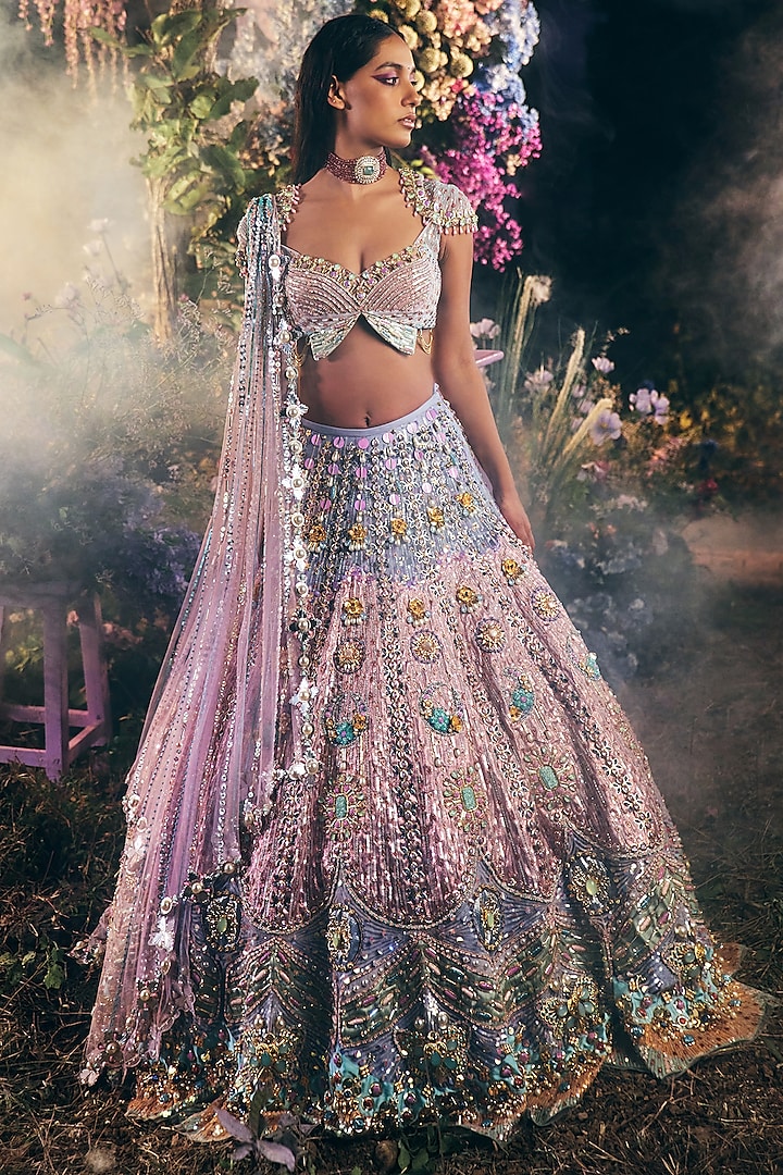 Lilac Silk Embroidered Lehenga Set by Papa Don't Preach by Shubhika