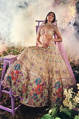 Ivory Tulle Embroidered Lehenga Set by Papa Don't Preach by Shubhika