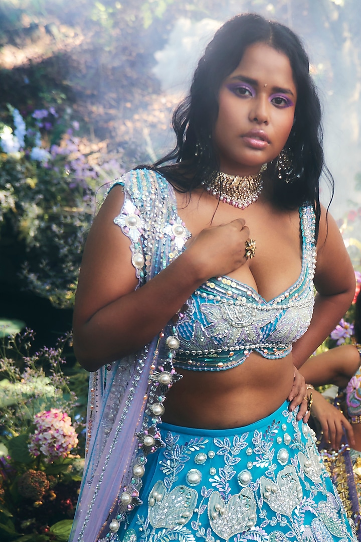 Cerulean Blue Tulle Embroidered Bridal Lehenga Set by Papa Don't Preach by Shubhika at Pernia's Pop Up Shop