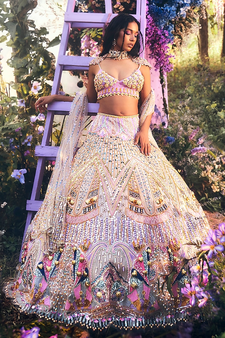 Ivory & Lilac Tulle Embroidered Lehenga Set by Papa Don't Preach by Shubhika