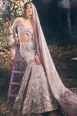 Lilac Silk Embroidered Mermaid-Cut Lehenga Set by Papa Don't Preach by Shubhika