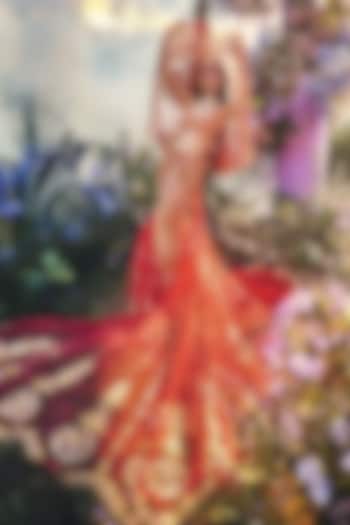 Red Tulle Fish-Cut Embroidered Lehenga Set by Papa Don't Preach by Shubhika