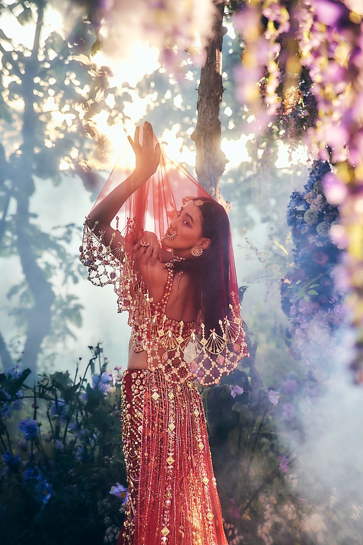 Red Tulle Fish-Cut Embroidered Bridal Lehenga Set by Papa Don't Preach by Shubhika at Pernia's Pop Up Shop