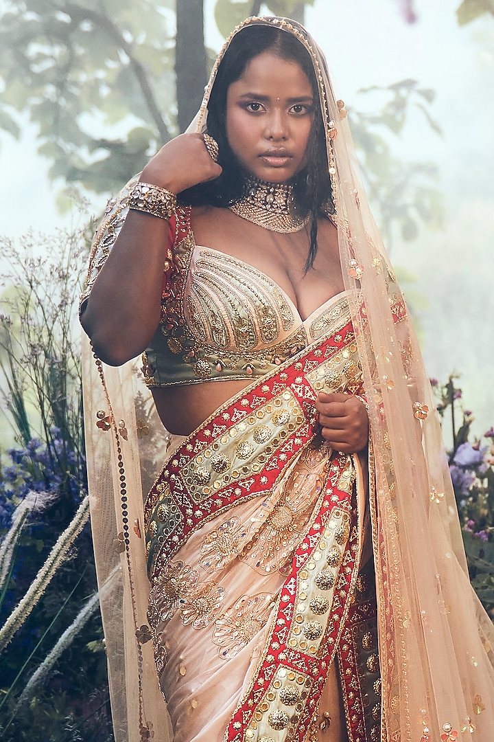Ivory Tissue Organza Embroidered Pre-draped Bridal Saree Set by Papa Don't Preach by Shubhika at Pernia's Pop Up Shop
