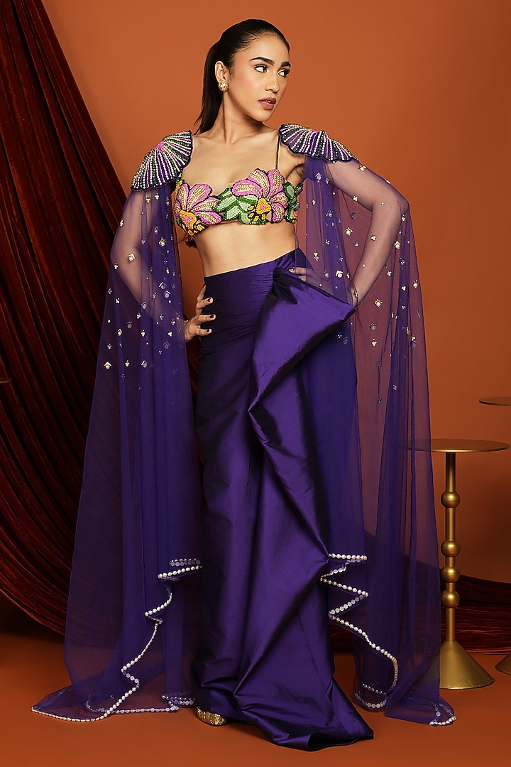 Purple Tulle Pearl Embroidered Cape Set by Papa Don't Preach by Shubhika at Pernia's Pop Up Shop