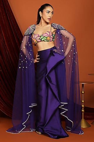 Purple Tulle Pearl Embroidered Cape Set by Papa Don't Preach by Shubhika
