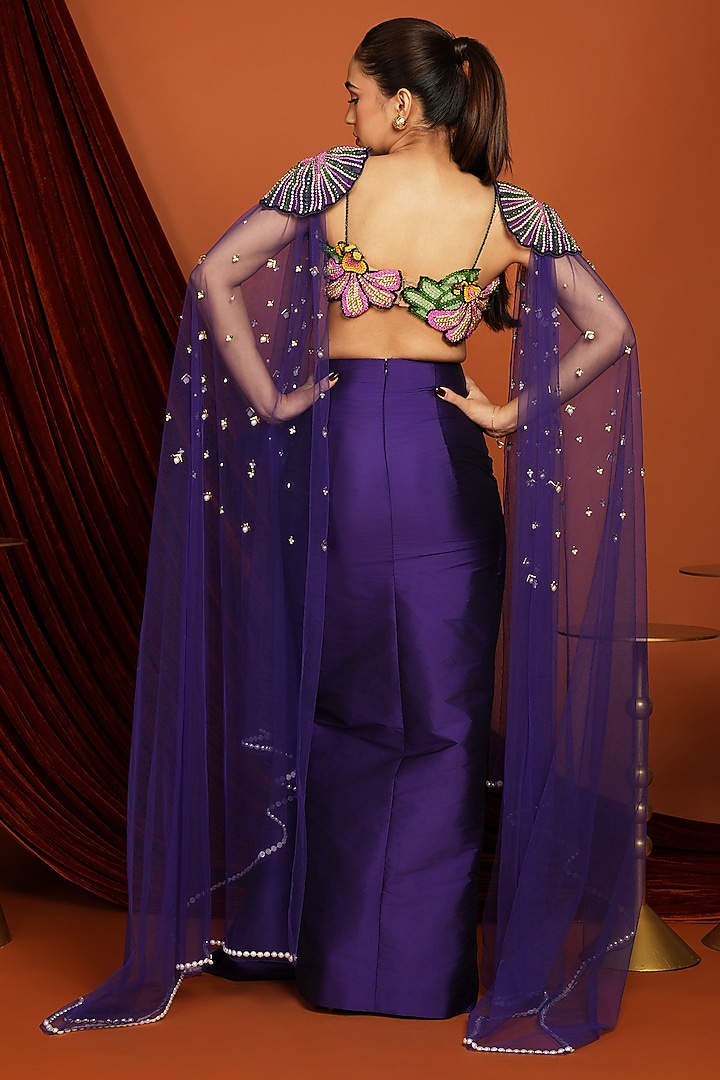 Purple Tulle Pearl Embroidered Cape Set by Papa Don't Preach by Shubhika at Pernia's Pop Up Shop