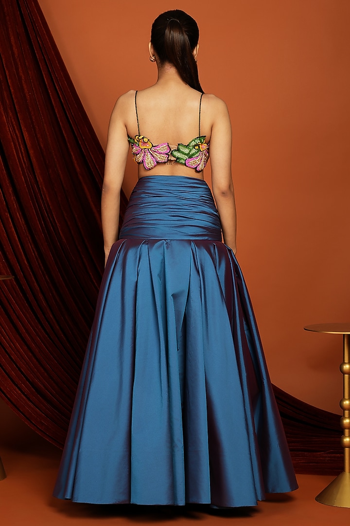 Blue Taffeta Hand Pleated Skirt Set by Papa Don't Preach by Shubhika at Pernia's Pop Up Shop