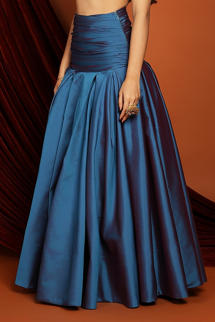 Blue Taffeta Hand Pleated Skirt Set by Papa Don't Preach by Shubhika at Pernia's Pop Up Shop