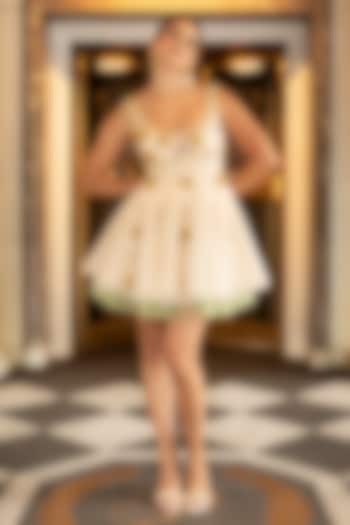 Beige & Green Tulle Embroidered Layered Party Wear Dress by Papa Don't Preach by Shubhika at Pernia's Pop Up Shop