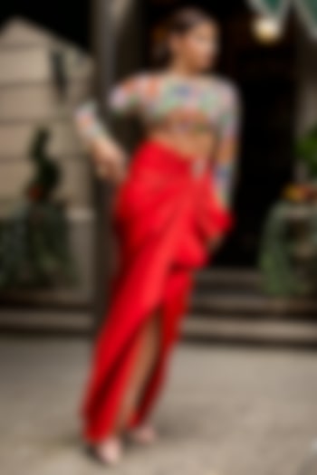 Red Taffeta Draped Skirt Set by Papa Don't Preach by Shubhika at Pernia's Pop Up Shop