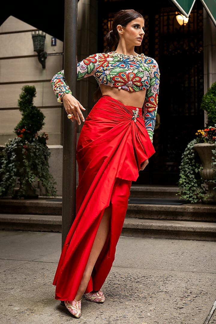 Red Taffeta Draped Skirt Set by Papa Don't Preach by Shubhika at Pernia's Pop Up Shop
