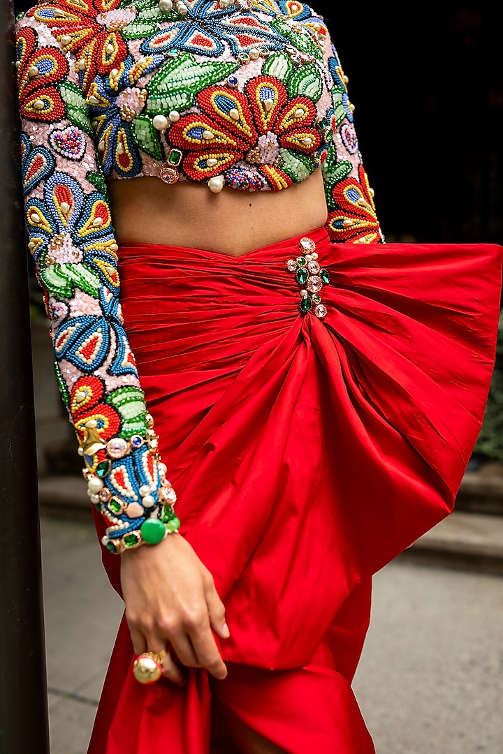Red Taffeta Draped Skirt Set by Papa Don't Preach by Shubhika at Pernia's Pop Up Shop