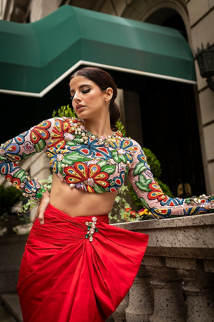 Red Taffeta Draped Skirt Set by Papa Don't Preach by Shubhika at Pernia's Pop Up Shop
