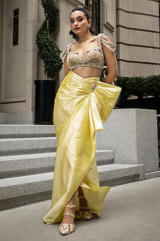 Butter Yellow Taffeta Draped Skirt Set by Papa Don't Preach by Shubhika