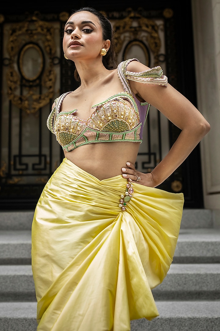 Butter Yellow Taffeta Draped Skirt Set by Papa Don't Preach by Shubhika at Pernia's Pop Up Shop