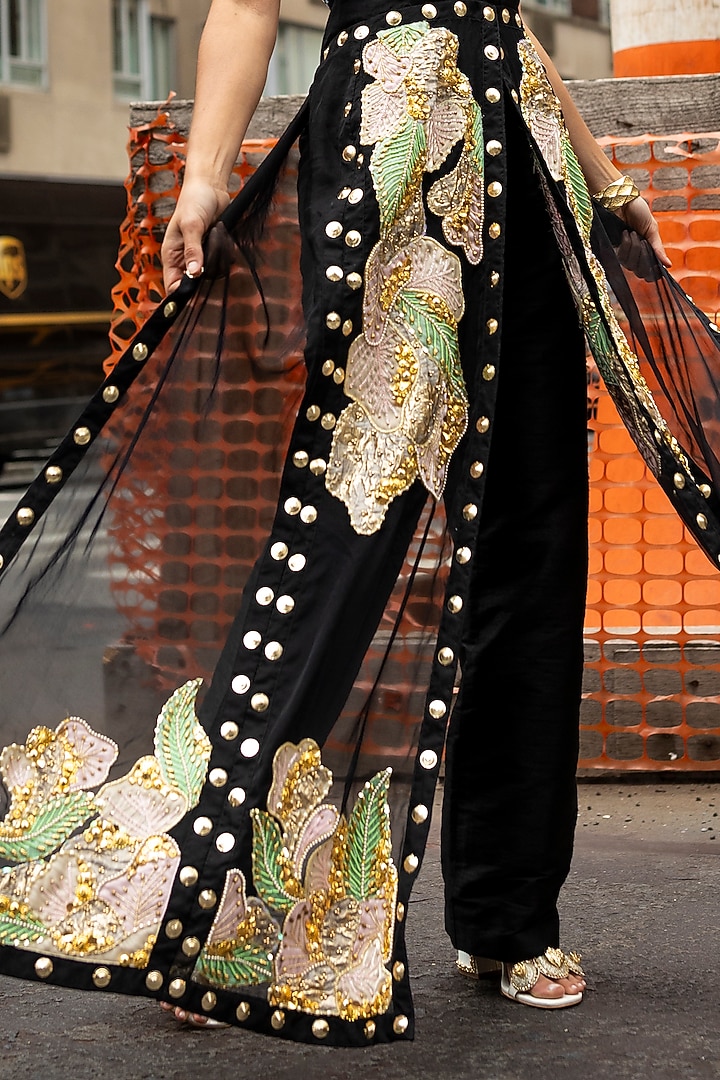 Black Organza Sequins Embroidered Hand Draped Jacket Set by Papa Don't Preach by Shubhika at Pernia's Pop Up Shop
