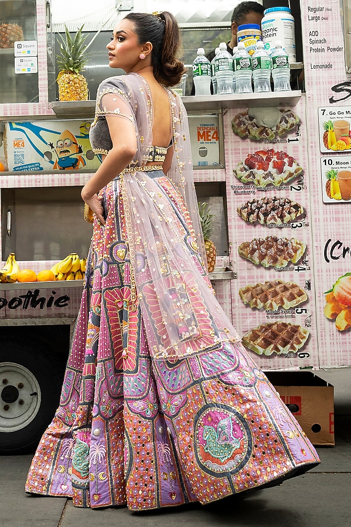 Grey Sequins Printed & Embroidered Bridal Lehenga Set by Papa Don't Preach by Shubhika at Pernia's Pop Up Shop