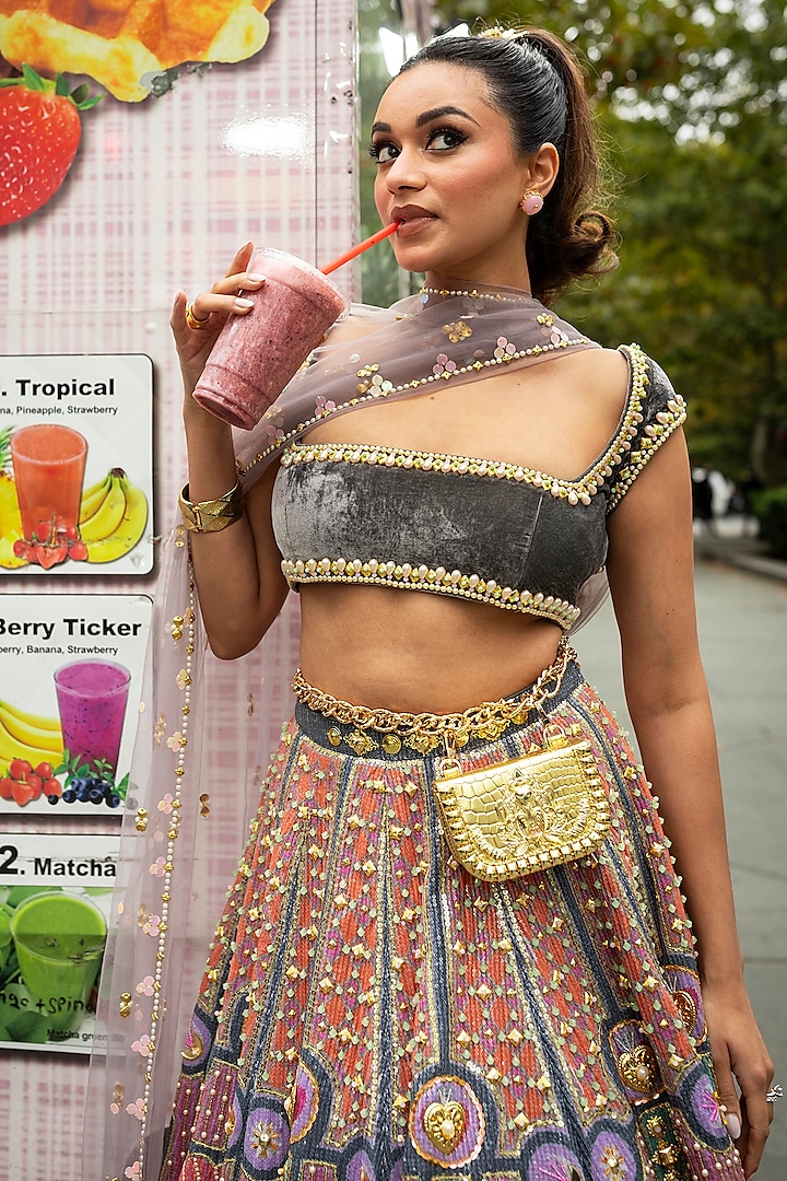 Grey Sequins Printed & Embroidered Bridal Lehenga Set by Papa Don't Preach by Shubhika at Pernia's Pop Up Shop