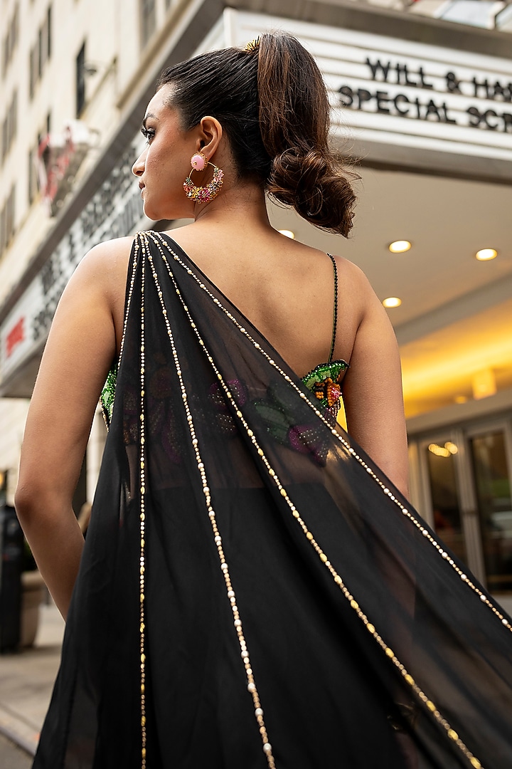 Black Georgette Golden Embroidered Draped Bridal Saree Set by Papa Don't Preach by Shubhika at Pernia's Pop Up Shop