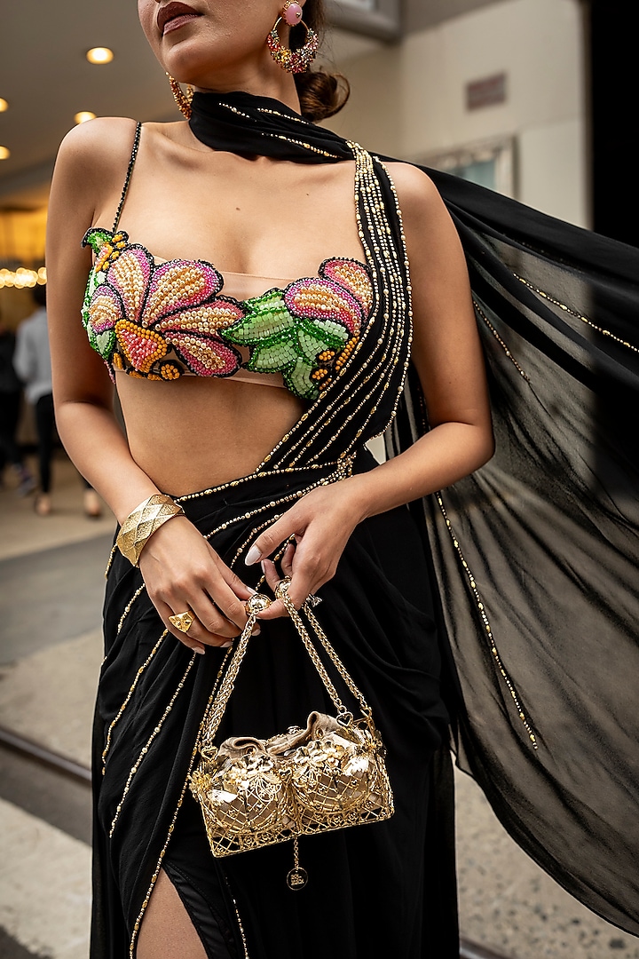Black Georgette Golden Embroidered Draped Bridal Saree Set by Papa Don't Preach by Shubhika at Pernia's Pop Up Shop