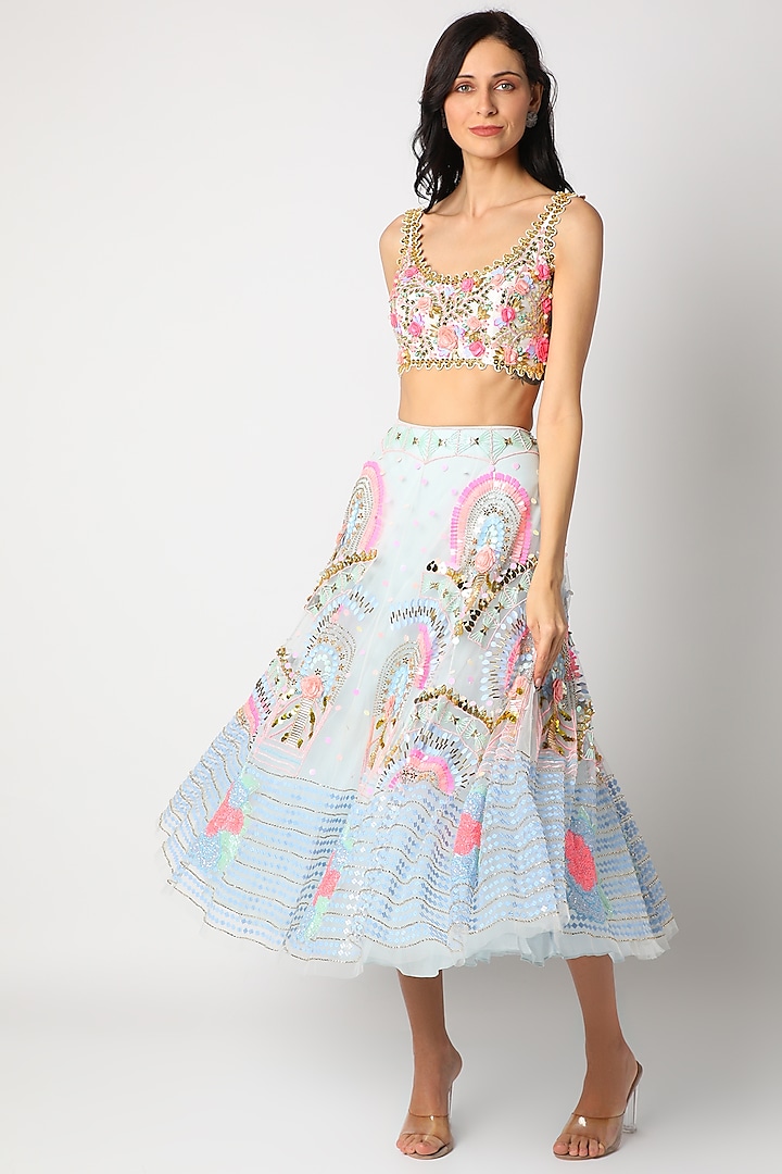 Ivory & Blue Embroidered Short Lehenga Set by Papa Don'T Preach By Shubhika
